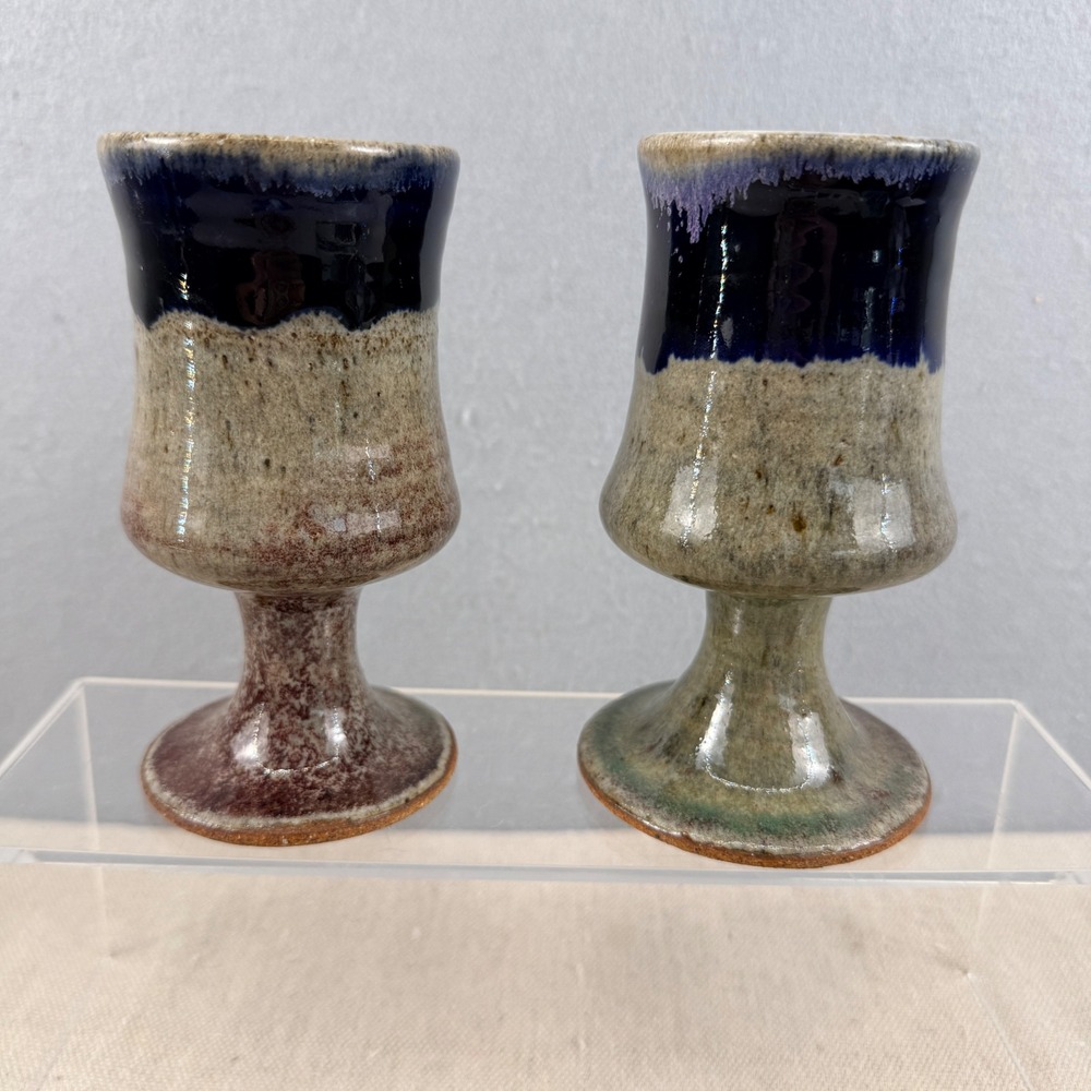 Vintage Studio Pottery Goblet Pair Cobalt Blue Drip Glaze Stoneware MCM